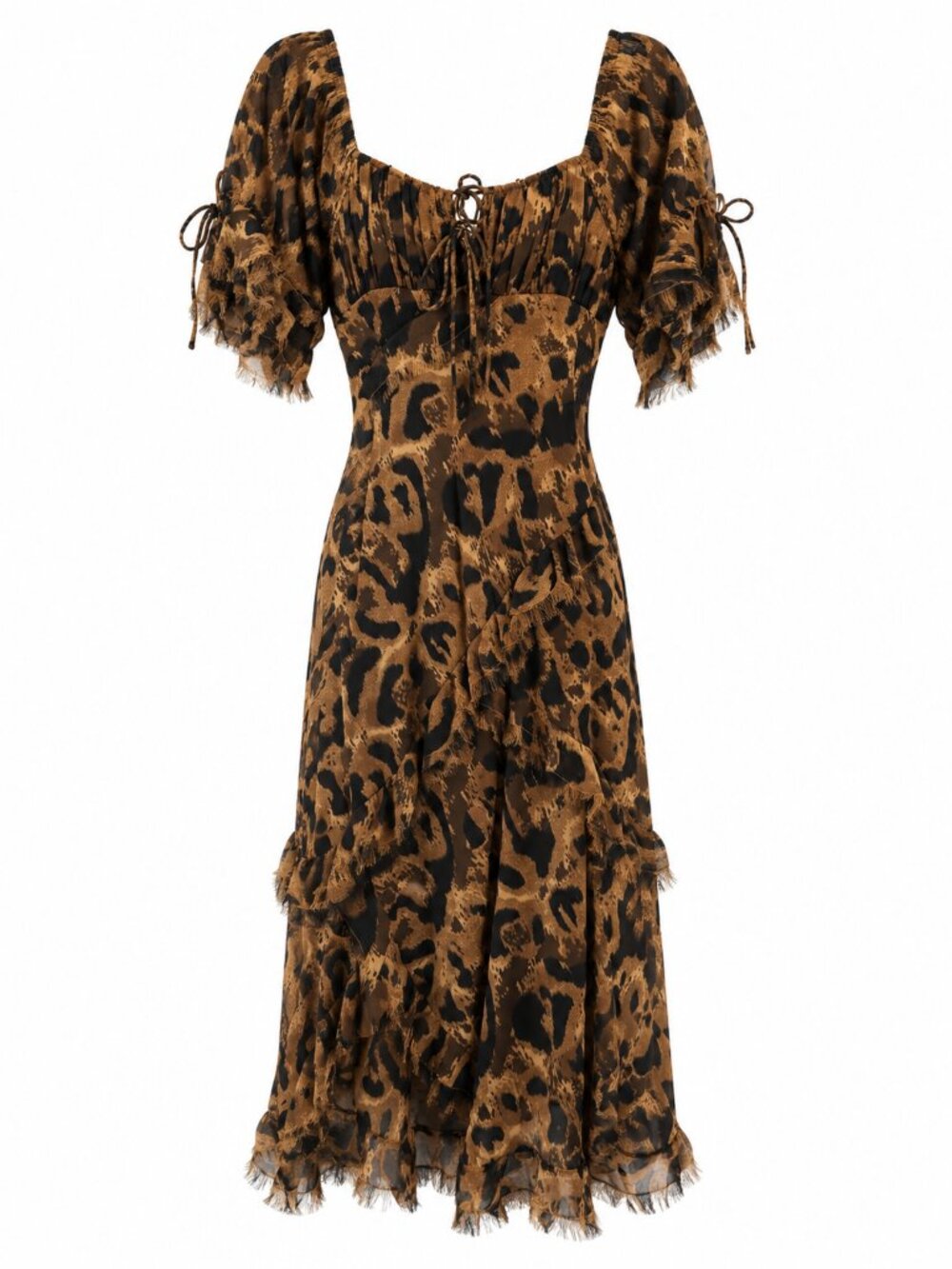 Topshop Leopard Print Tie Lace-Up Ruffle Midi Dress Brown size 6